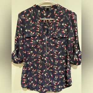 Express Navy Blue and white polka dot blue with lipstick novelty print. …